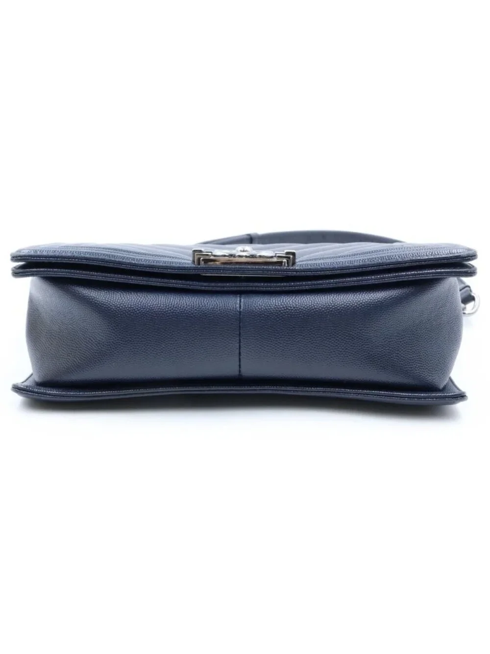 Chanel Boy Chevron V-Stitch Caviar Leather Silver Chain Shoulder Bag Navy